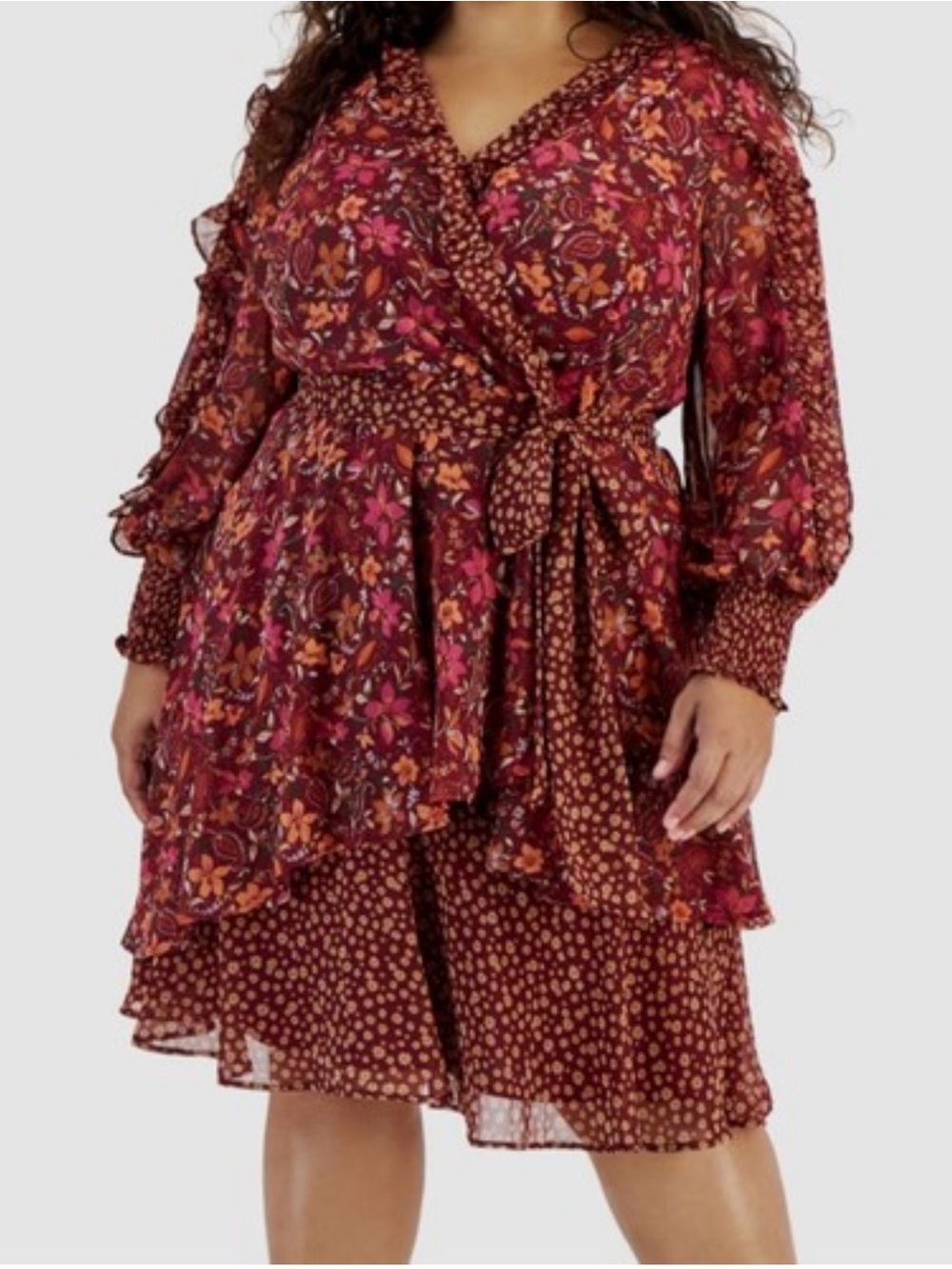 Tahari ASL Plus Size Mixed-Print Faux-Wrap Ruffled Dress Chiffon Sz 14W NWT